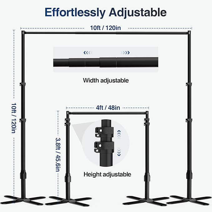 EMART Backdrop Stand Heavy Duty 10x10Ft, Pipe and Drape Photo Background Photography Kit, Adjustable Metal Frame with X-Shaped Base for Wedding Birthday Party Decoration-Black