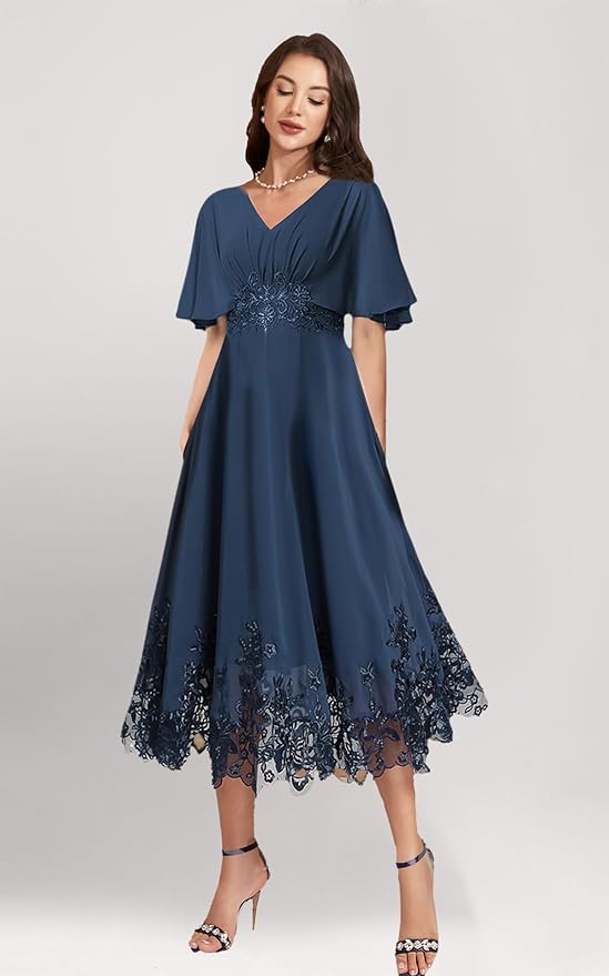 Tea Length Mother of The Bride Dress with Sleeves Laces Formal Evening Gowns for Wedding V Neck Wedding Guest Gown ZMX37