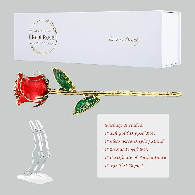 Valentines Day Gift Rose, Gold Dipped Real Rose is Attractive Luster and Natural Shape, Best Gifts for Anniversary Wedding Valentines Day (Red Original Rose with Stand)