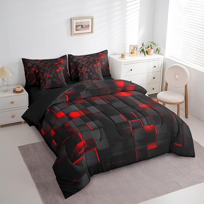 Feelyou Red and Black Bedding Set Full Size Light Geometric Comforter Set with Sheets 7 Piece for Kids Boys Decor Bed in a Bag Modern Bed Set