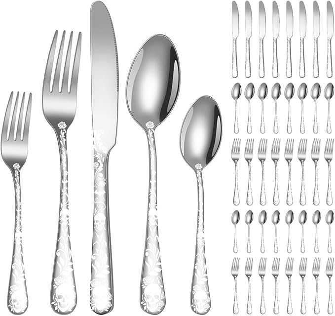 XIAOYU 40 Piece Halloween Skeleton Silverware Set, Tableware Cutlery Set Service for 8, Forks Knives Spoons Sets with Gothic Skull Flower Pattern, Stainless Steel Flatware Set Utensils for Kitchens