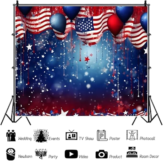 4th of July Backdrop Patriotic Backdrop American Flag Independence Day Veteran Day Banner 20x10ft Favors Red White Blue Stars Balloons Bokeh Photo Background Studio Props