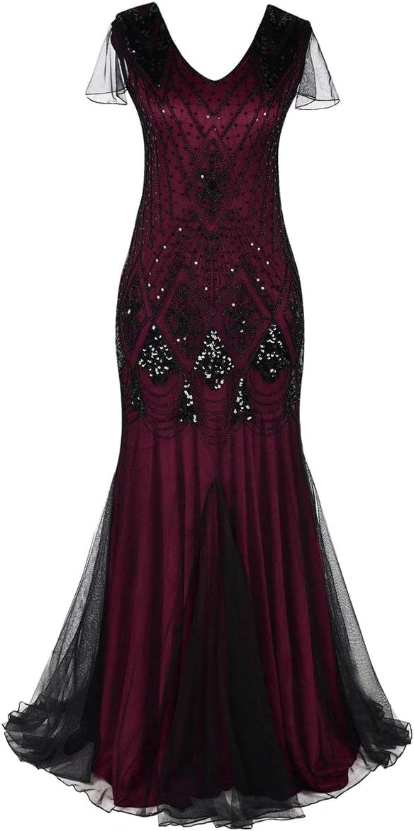 Women Vintage 1920s Gatsby Flapper Evening Party Dress V Neck Art Deco Sequins Mermaid Hem Cocktail Formal Long Maxi Gown