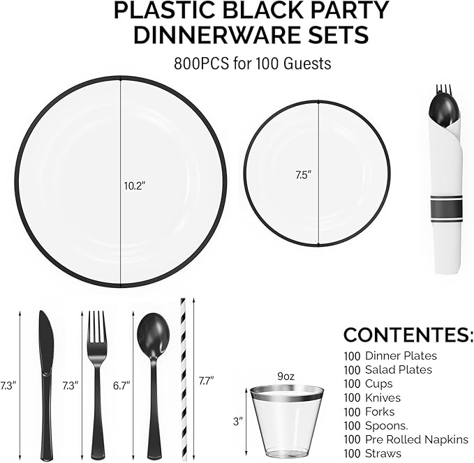 ROVSUN 800 Piece Black Disposable Dinnerware Set for 100 Guests, Clear Plastic Plates for Party, 100 Pre-Rolled Napkins,Silverware,Dinner & Dessert Plates,Cups,Straws for Wedding Birthday Event