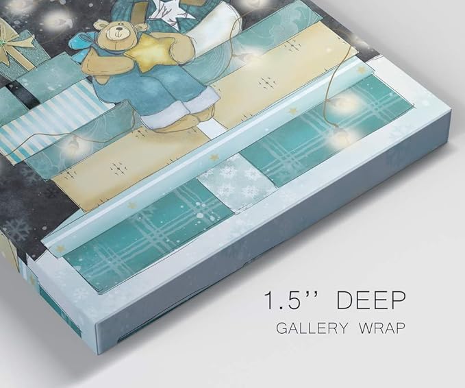 Renditions Gallery Snowman and Teddy Bear (1) Wall Art, Christmas & Winter Decor, Cute Pile of Presents, Premium Gallery Wrapped Canvas, Ready to Hang, 32 in H x 32 in W, Made in America