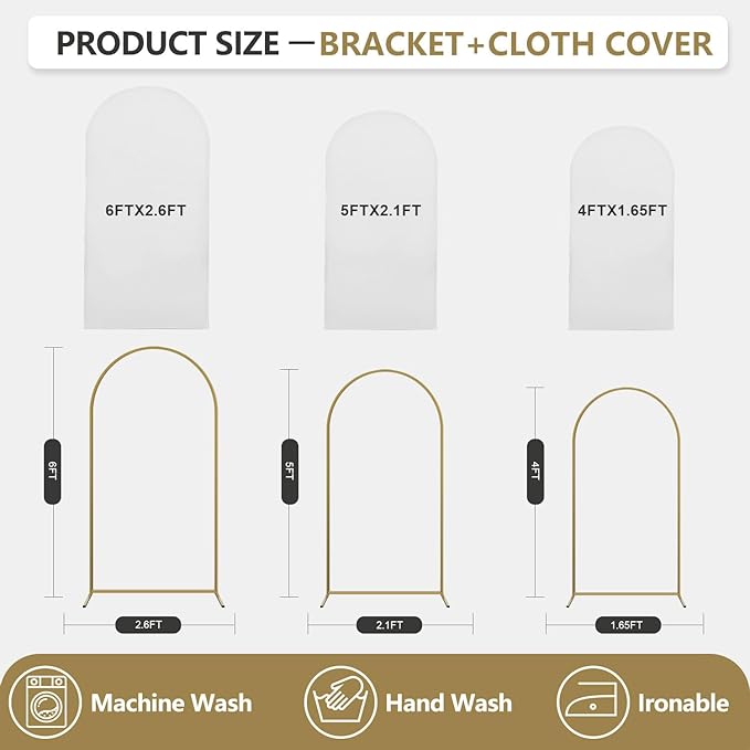 Arch Backdrop Stand and Cover Set, 3 Metal Balloon Arch Backdrop 4ft 5ft 6ft, Gold Arched Stand Frame for Wedding, Parties,Birthday, Backdrop Decorations (White,4ft+5ft+6ft)