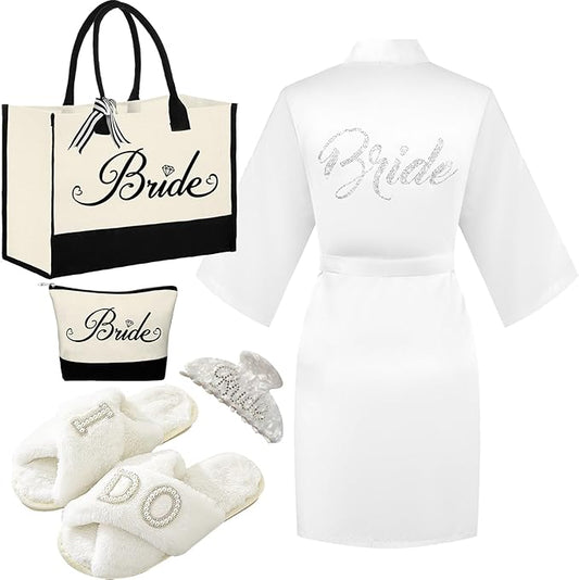 Bride to Be Gifts, Bridal Shower Wedding Gifts, Bride Tote Bag I Do Slippers Robe Hair Clip for Wedding Day