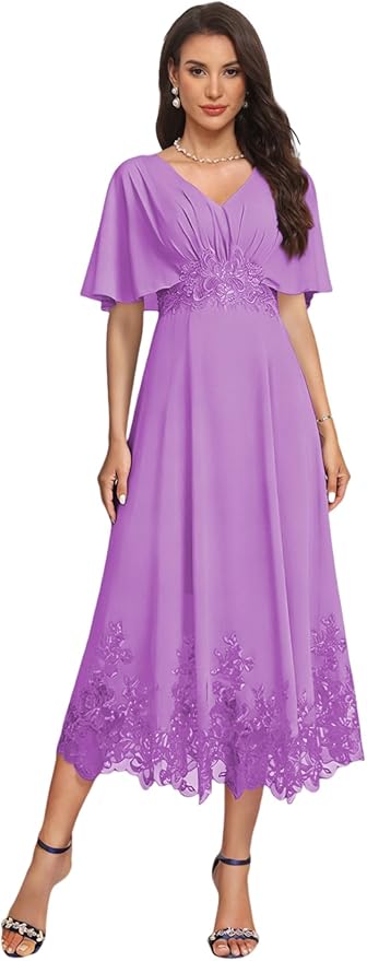 Tea Length Mother of The Bride Dress with Sleeves Laces Formal Evening Gowns for Wedding V Neck Wedding Guest Gown ZMX37