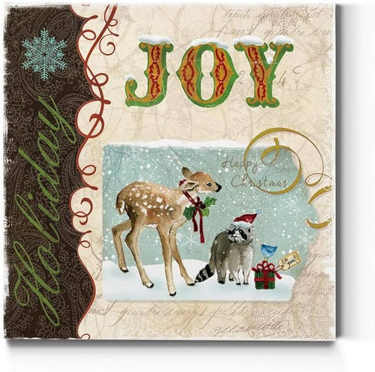 Renditions Gallery Holiday Joy Wall Art, Cute Winter Decor, Festive Fawn Deer, Raccoon, & Bluebird with Present, Premium Gallery Wrapped Canvas, Ready to Hang, 16 in H x 16 in W, Made in America