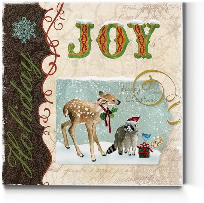 Renditions Gallery Holiday Joy Wall Art, Cute Winter Decor, Festive Fawn Deer, Raccoon, & Bluebird with Present, Premium Gallery Wrapped Canvas, Ready to Hang, 32 in H x 32 in W, Made in America