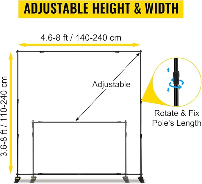 VEVOR Backdrop Banner Stand 8 x 8 Ft Adjustable Heavy Duty Background Stand with 1 Carrying Bag, Backdrop Stand for Parties Wedding Photo Booth Trade Show
