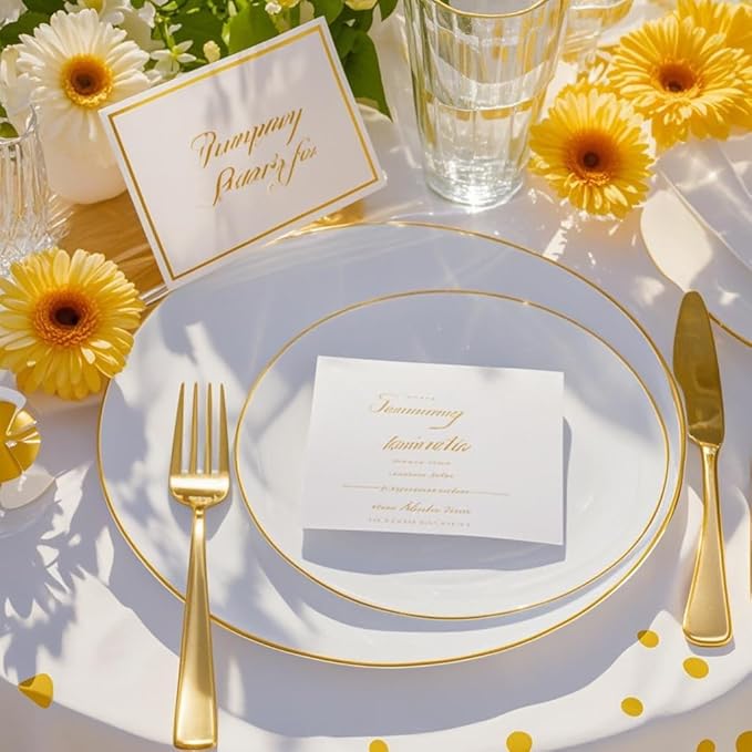 Festiva 350Pcs Gold Plastic Plates - White and Gold Dinnerware Set Disposable include 10" & 7" Plates,Cups,Silverware,Napkins -serve 50 Guests Perfect for Wedding& Easter&Birthday Party