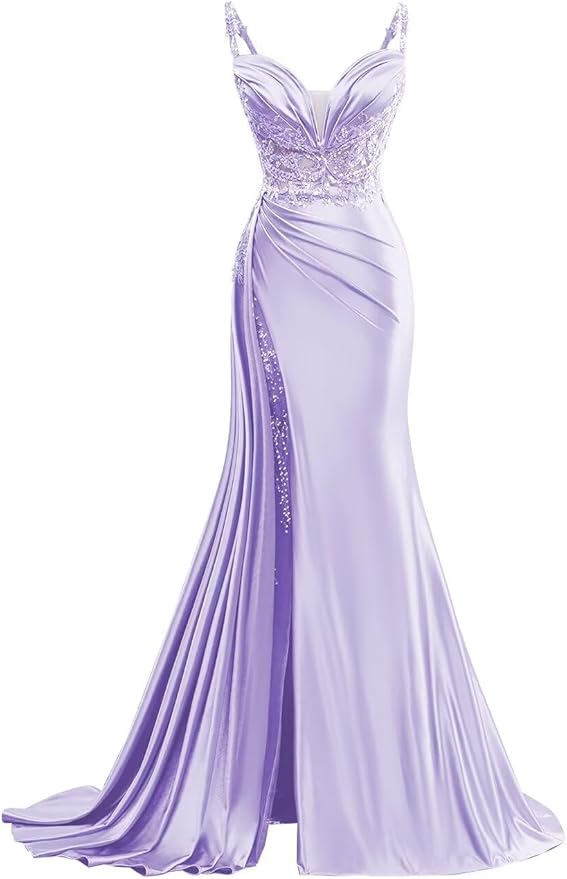 V Neck Satin Prom Dresses Long Mermaid Lace Evening Gown with Slit Pleated Bodycon Formal Dress with Tail