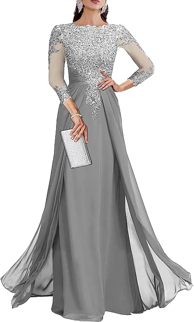 Long Sleeve Mother of The Bride Dresses for Wedding Lace Appliques Chiffon Formal Dress He6052