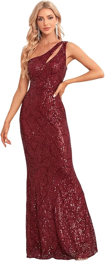 One Shoulder Formal Sequin Dress for Women Sparkly Bodycon Evening Gowns Maxi Mermaid Ball Long Dresses