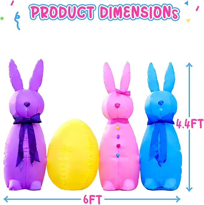 DomKom 6FT Long Easter Inflatable Bunny Outdoor Decorations, Build-in LED Lights Holiday Blow Up Yard Decoration, for Easter Holiday Party, Outdoor,Garden, Yard Lawn Décor