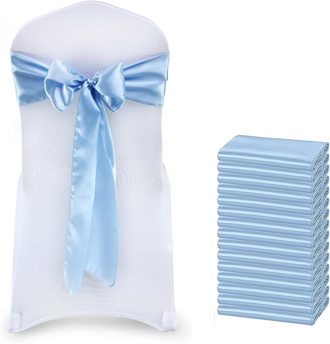 VDS Satin Chair Sashes Chair Cover Back Tie Sateen Bows Ribbon for Wedding Birthday Graduation Engagement Ceremony Event Party Banquet Venue Hotel All Dining Chair Decoration (50PC) (Baby Blue)