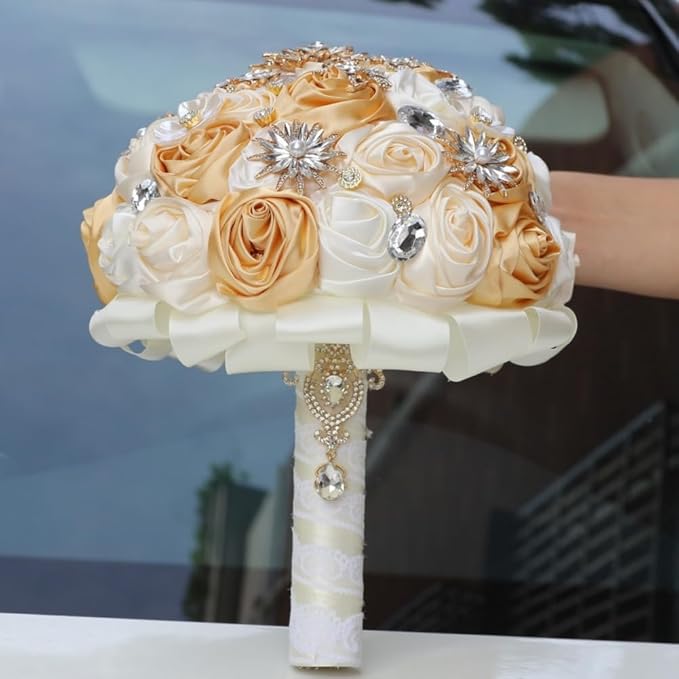 Handmade Bridal Wedding Bouquet with Luxury Gold Brooch Bling Rhinestone for Bride Bridesmaid Quinceanera Satin Rose Flower Bouquet Wedding Khaki Champagne and Ivory 8.7in