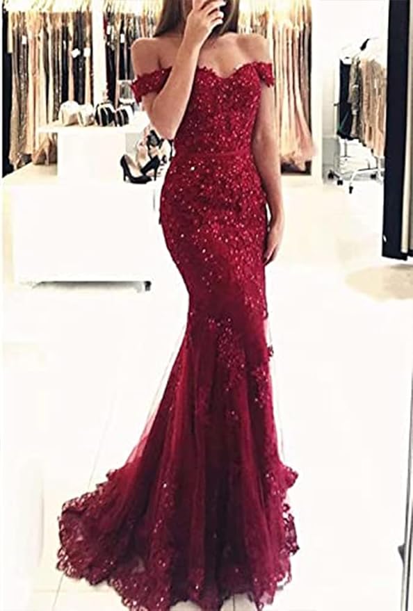 Tulle Long Prom Dresses Off The Shoulder Mermaid Dress with Elegant Laces Appliques Formal Evening Party Gowns
