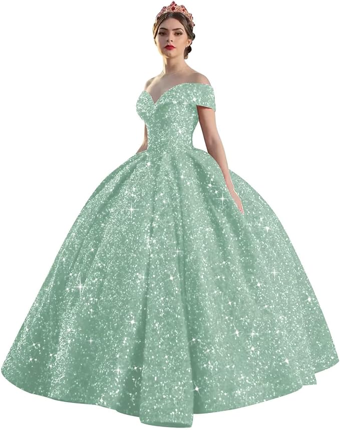 Quinceanera Dress Long Ball Gown Sparkly Sequin Off Shoulder V Neck Prom Dresses