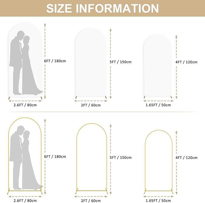 Set of 3 Metal Backdrop Stand with White Spandex Wedding Arch Cover 6FT 5FT 4FT Balloon Arch Stand Frame for Birthday Party Bridal Baby Shower Reception Garden Decorations