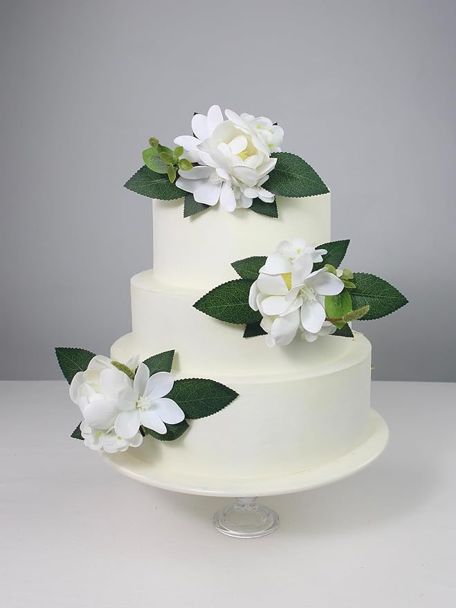 Rinlong 3Pcs Pre-made White Magnolia Cake Flowers Cake Toppers Decorations Wedding Cake Decorating Flowers Decor Birthday Baby Shower Party Artificial Flower Cake Topper