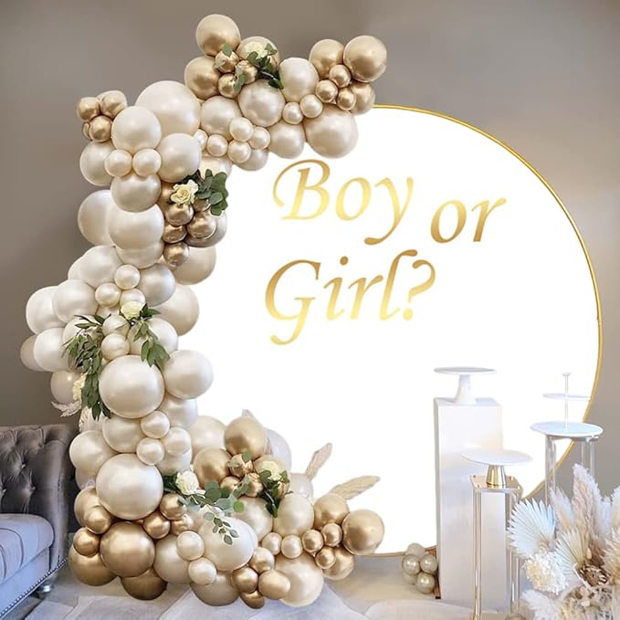 OERJU 5x5ft Gender Reveal Round Backdrop Boy or Girl Baby Shower White Circle Photography Background Round Backdrop Stand Cover Newborn Gender Reveal Party Decoration Photo Booth Props