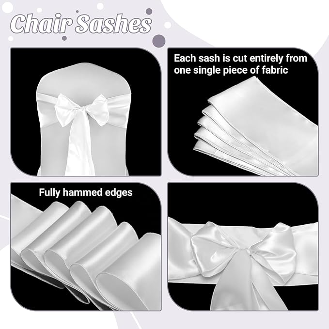 VDS Satin Chair Sashes Chair Cover Back Tie Sateen Bows Ribbon for Wedding Birthday Graduation Engagement Ceremony Event Party Banquet Venue Hotel All Dining Chair Decoration (100PC) (White)