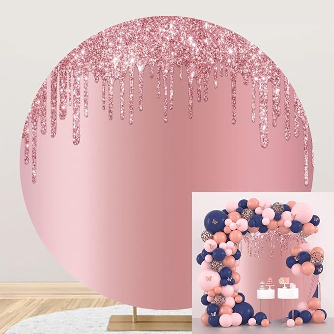 OERJU 6.5x6.5ft Pink Glitter Round Backdrop Rose Golden Glittering Sequin Starlight Photography Background Circle Backdrop Cover Birthday Baby Shower Wedding Party Decoration Banner Photo Booth Prop