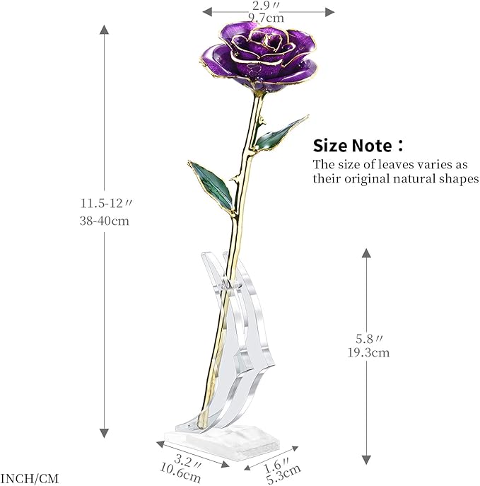 Anniversary Rose Gift for Wife, Forever 24k Gold Real Rose and Best for her Rose, Purple with Stand