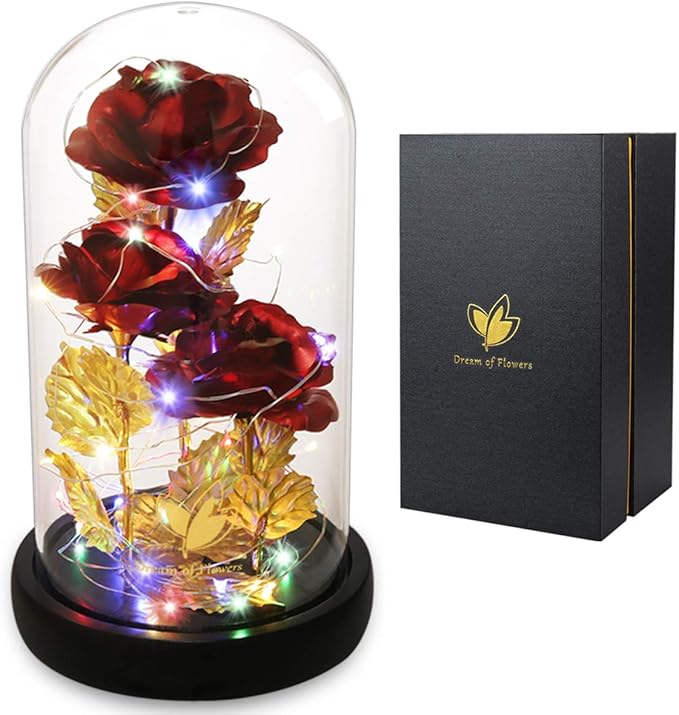 Valentines Day Rose Gifts for Her Galaxy Flower Rose in Glass Dome with 2 Light Modes,Enchanted Rose Light Up Rose Valentines Anniversary Birthday Gifts for Wife Girlfriend Women Mom Best Friend Her