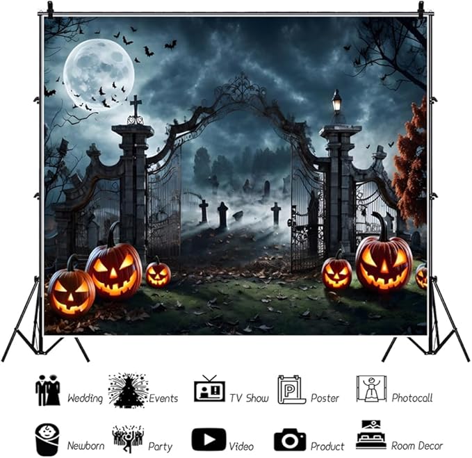 Halloween Night Cemetery Gate Jack O'Lantern Graveyard Full Moon Bats Backdrop for Trick or Treat Party Decorations Photography Background Studio Props 10x6.5ft(300x200cm)