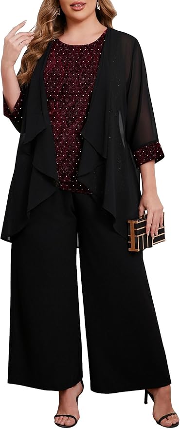 ZOMVA Plus Size 3 Piece Formal Pantsuit Sparkly Chiffon Jacket Set Dressy Outfit Mother of The Bride Groom Wedding Cocktail
