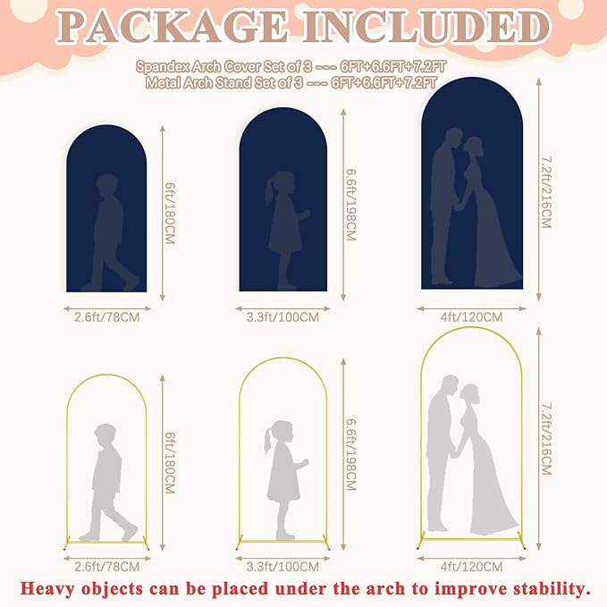 Metal Arch Stand and Cover Set of 3 Backdrop Arches Stand with Navy Blue Arch Cover 7.2FT, 6.6FT, 6FT Wedding Arches Backdrop Stand and Covers Set for Birthday Party Bridal Baby Shower Arched Decor