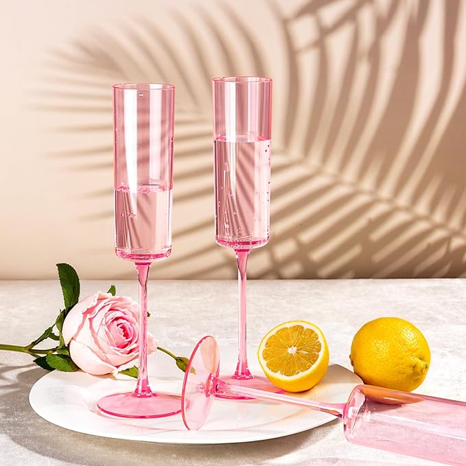 Ciaell 24 Pack Pink Plastic Champagne Flutes - Pink 6 Oz Disposable Champagne Glasses - Square Plastic Toasting Glasses for Party Birthday Anniversary Wedding & Valentine's Day