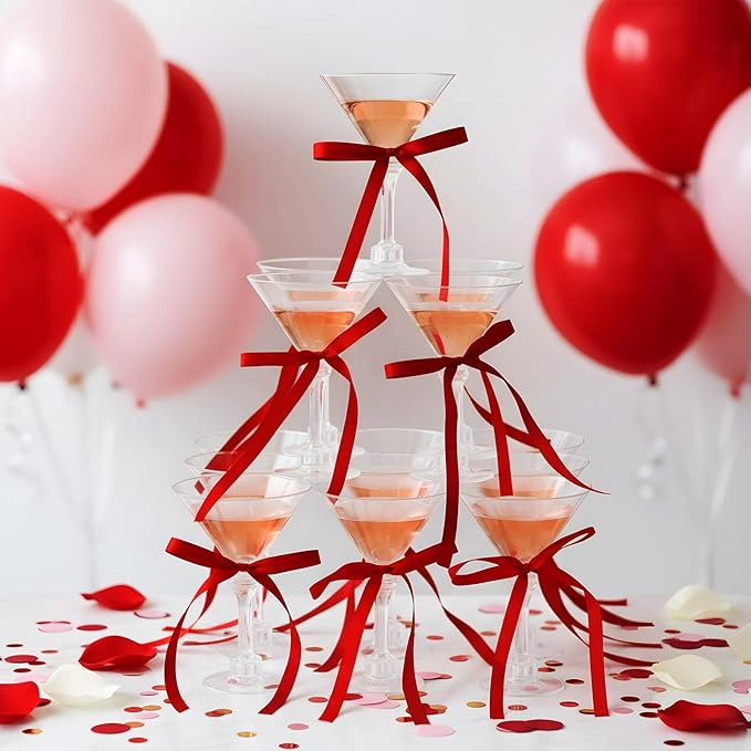 Maxdot 30 Set A Tini Bit Older Birthday Party Supplies 5 oz Espresso Martini Glasses Plastic Mini Champagne Tower with Bows for Espresso Martini Bachelorette Decoration Tiny Bar (Red)