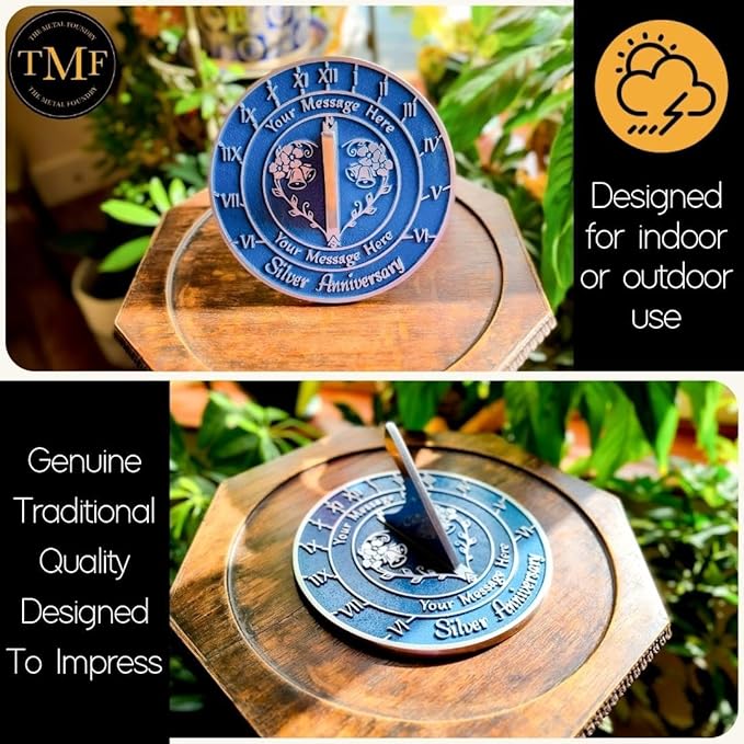 The Metal Foundry Personalized Silver 25th Large Sundial - Recycled Solid Metal UK Manufactured Home Decor Or Garden Present Idea for Parents, Friends Or Couple On 25 Years Marriage