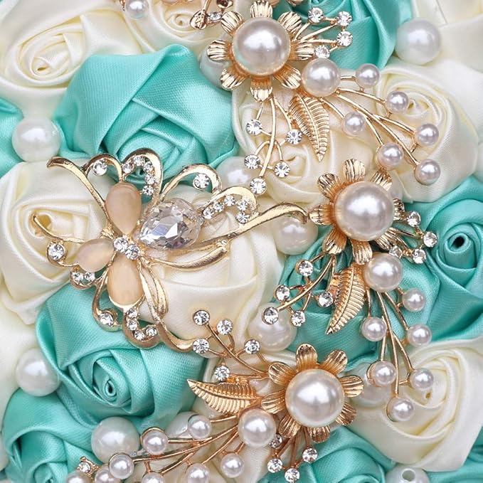 Handmade Wedding Bride Bridesmaid Bridal Bouquet Rose Holding Toss Artificial Flowers Bouquets with Satin Ribbon Pearls Rhinestone for Wedding Celebration Valentine’s Day Parties Bouquet Decor