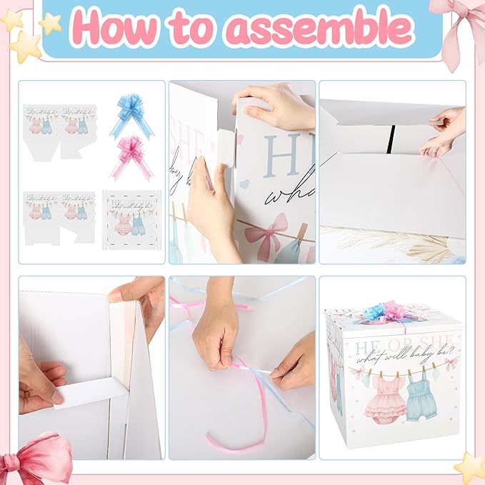 AmazingSpark 28in Jumbo Gender Reveal Gift Box Kit with Oversized Box Giant Pull Bows for Gender Reveal Baby Shower Birthday Party Decor (Baby Clothes)