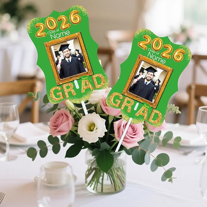 Personalized Graduation Double Sided Face Fan Class of 2026 Customized Graduation Head Face Cutout with Handle Fun Photo Prop Supplies(A-Light Green and Gold,12pcs)