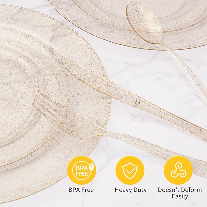 Goodluck 100 Pack Pre Rolled Gold Glitter Plastic Silverware, Wrapped Cutlery Set with Napkin Include 100 Forks, 100 Knives, 100 Spoons and 100 Napkins, Fancy Disposable Silverware for Party, Wedding