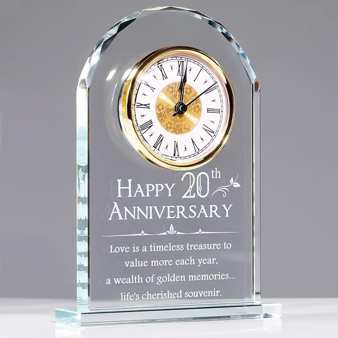 YWHL 20th Anniversary Quartz Clock Gifts for Him and Her, 20 Years Wedding Anniversary Keepsake Gifts for Couple, Happy 20th Wedding Home Party Decoration (Battery not Included)