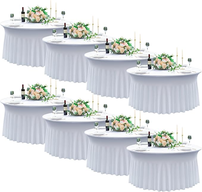 8 pk White Round Spandex Tablecloth for 60in Tables, Wrinkle Free Stretchy 120inch Fitted 5FT Table Cloths Round Table Covers with Skirt for Wedding Party Dining Banquet Events