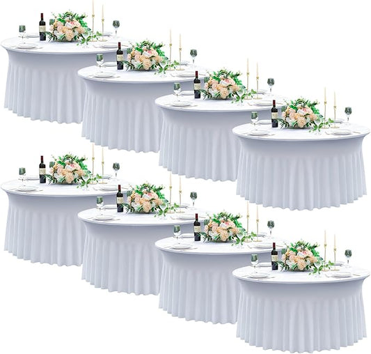 8 pk White Round Spandex Tablecloth for 60in Tables, Wrinkle Free Stretchy 120inch Fitted 5FT Table Cloths Round Table Covers with Skirt for Wedding Party Dining Banquet Events
