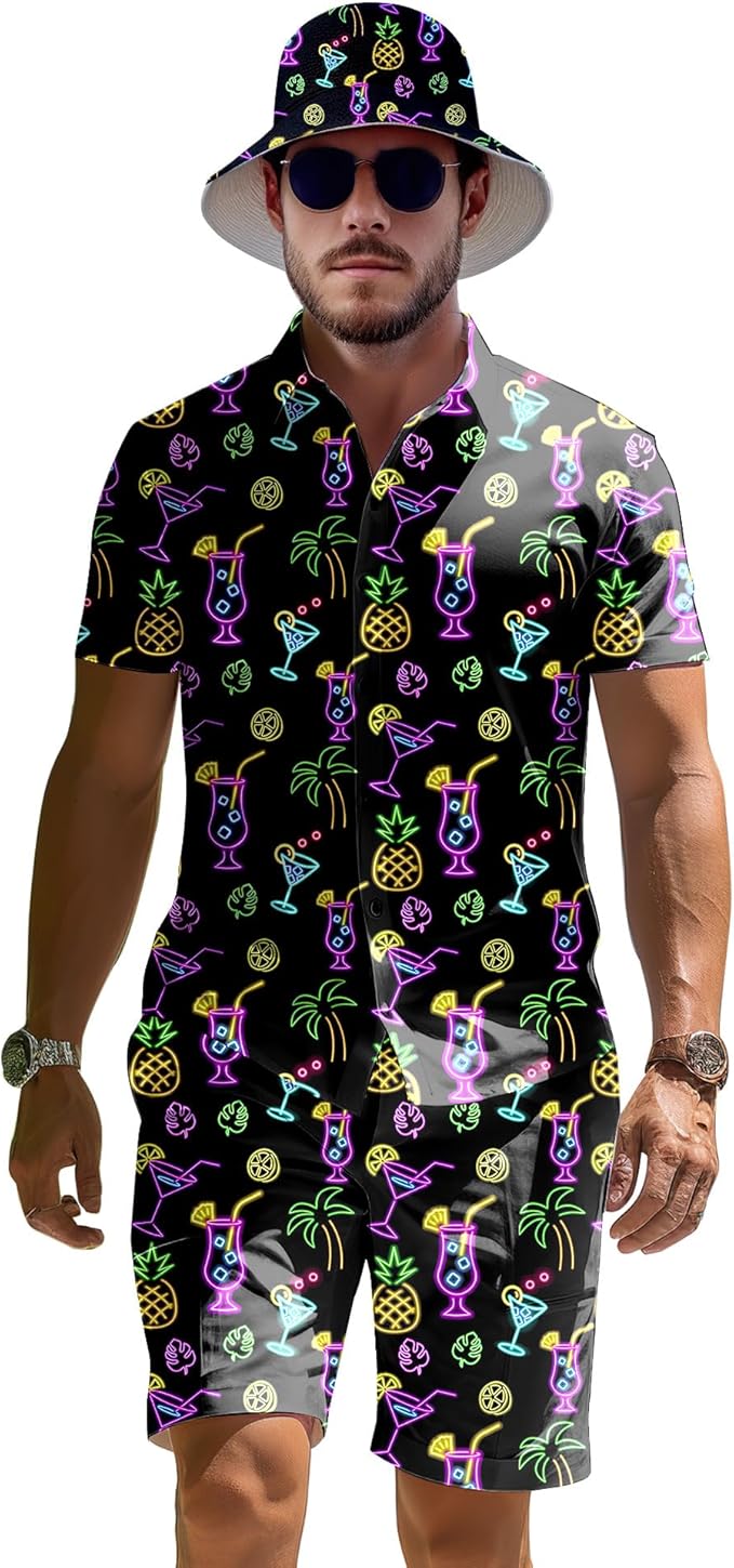 Men's 2 Piece Tracksuit 80s 90s Outfit Button Down 80s Shirts and Shorts Sets with Bucket Hats