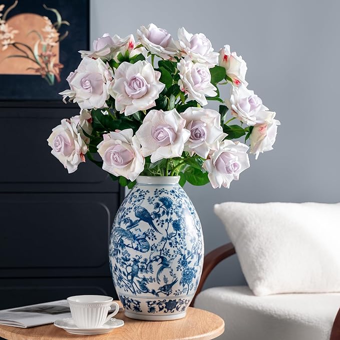Artificial Flowers Spring Artificial Roses 23.2In Fake Roses Long Stem Artificial Flowers for Tall Vase Suitable for Wedding Party Decor Valentine's Day DIY Bouquet 20PCS White Purple Heart