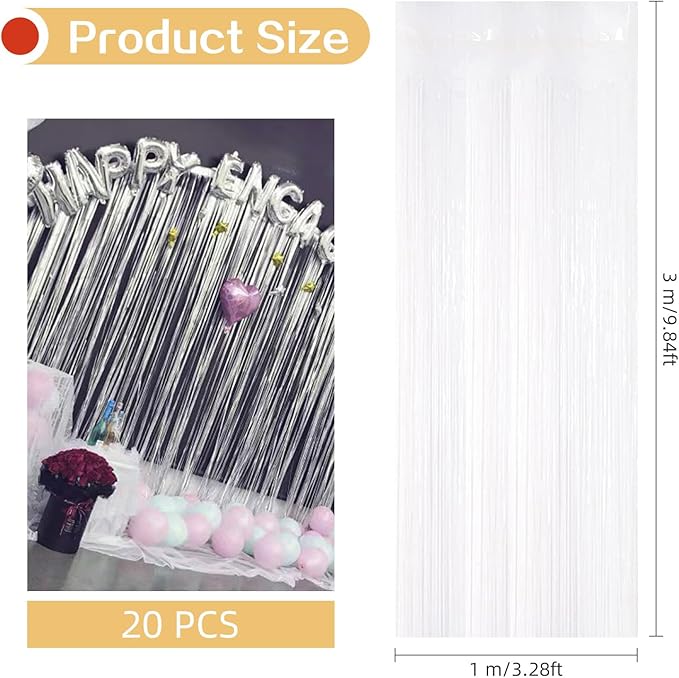 20 Pack White Foil Fringe Curtains 3.2ft x 9.8ft Foil Curtain Backdrop Metallic Tinsel Curtains Streamer Photo Booth Backdrop for Birthday Party Engagement Bachelorette Party Decorations
