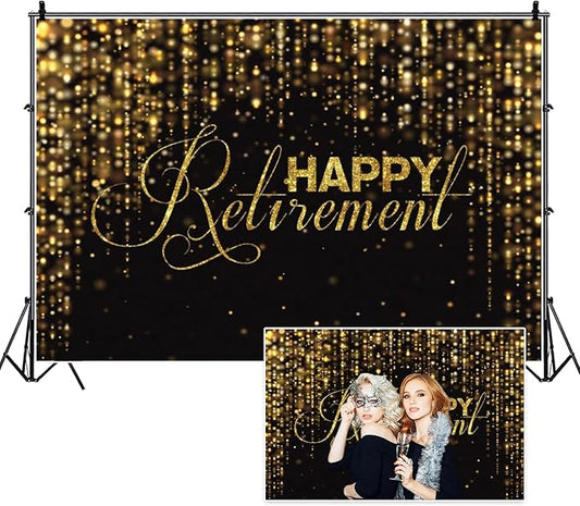 12x8ft Happy Retirement Photography Backdrop Luxury Black and Gold Party Backdrop Background Gold Glitter Celebrate Retirement Party Decorations Wallpaper Studio Props Bokeh Banner Supplies