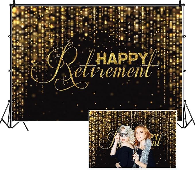 10x7ft Happy Retirement Photography Backdrop Luxury Black and Gold Party Backdrop Background Gold Glitter Celebrate Retirement Party Decorations Wallpaper Studio Props Bokeh Banner Supplies