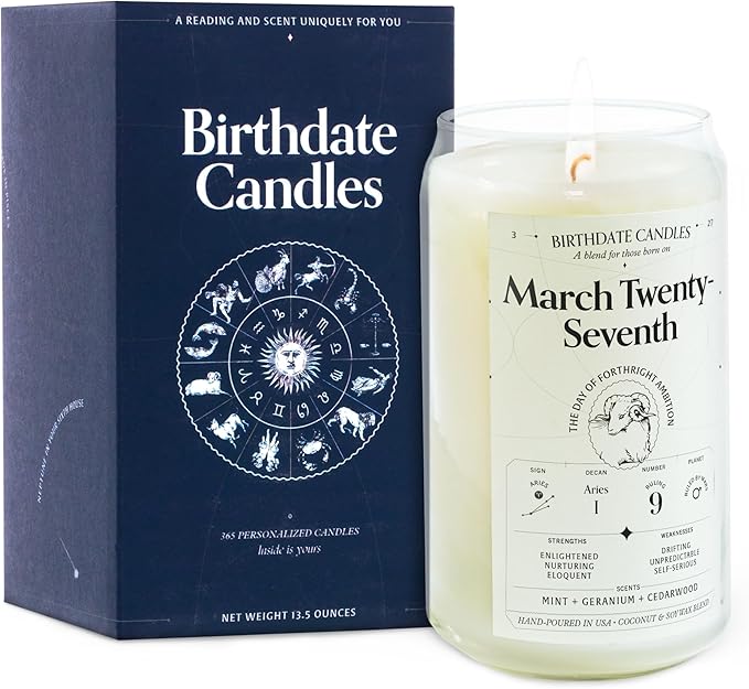 Birthdate Candles, March 27 - Aries Zodiac Scented Candles Birthday Gift - Mint, Geranium & Cedarwood Scent - All-Natural Soy & Coconut Wax, 60-80 Hour Burn Time - Made in USA